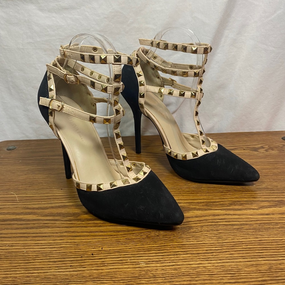 Studded T-Strap Heels Pointed Toe Stiletto Party Shoes Wild‎ Diva Size 8.5